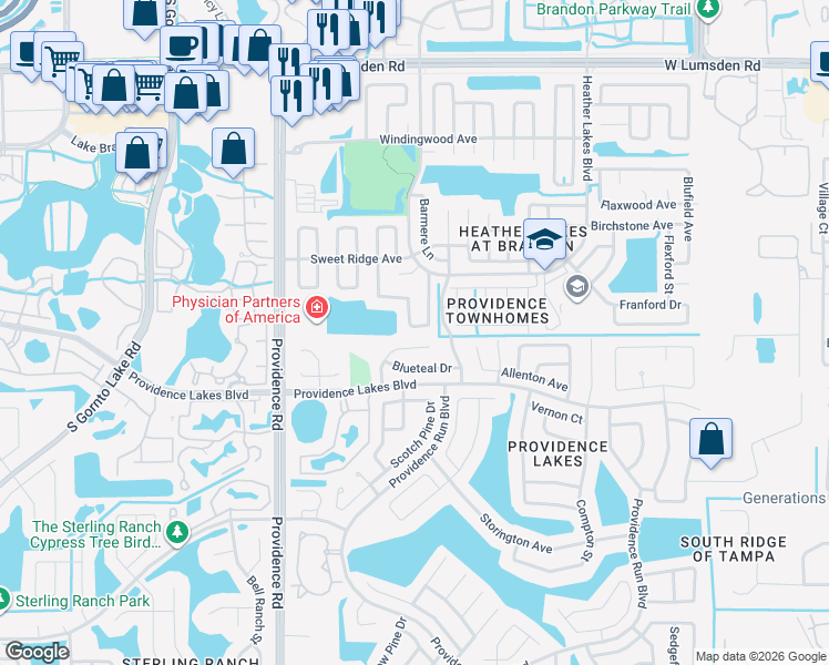 map of restaurants, bars, coffee shops, grocery stores, and more near 1421 Mohrlake Drive in Brandon