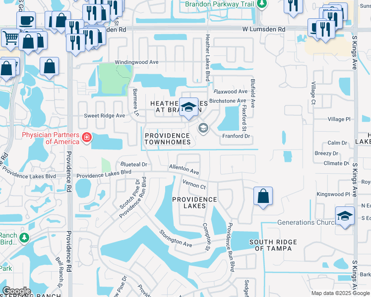 map of restaurants, bars, coffee shops, grocery stores, and more near 1434 Tiverton Drive in Brandon