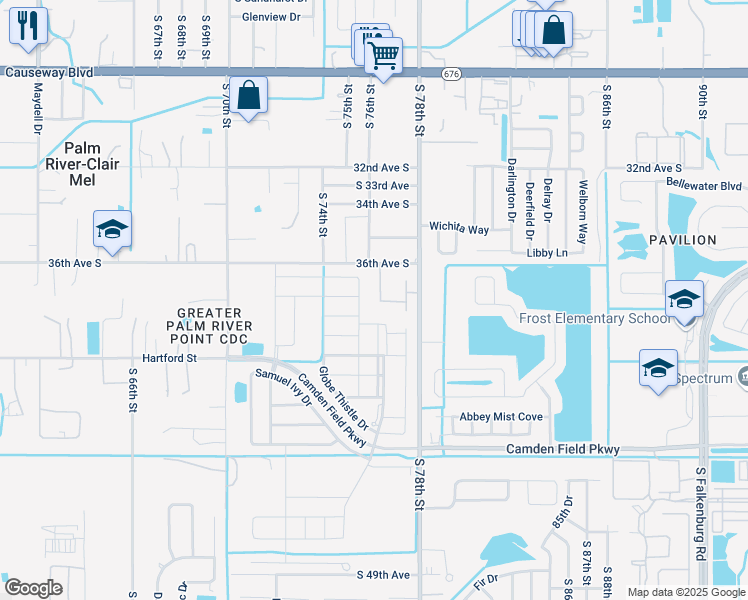 map of restaurants, bars, coffee shops, grocery stores, and more near 7415 Rosy Periwinkle Court in Tampa