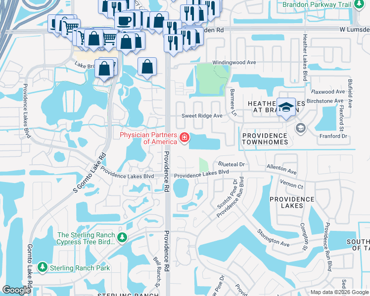 map of restaurants, bars, coffee shops, grocery stores, and more near 1375 Providence Road in Brandon