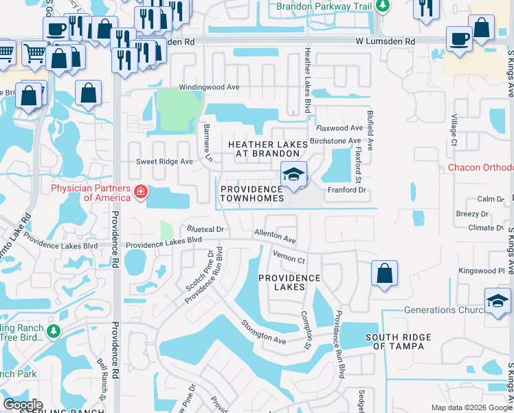 map of restaurants, bars, coffee shops, grocery stores, and more near 1457 Tiverton Drive in Brandon