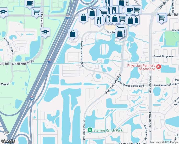 map of restaurants, bars, coffee shops, grocery stores, and more near 2613 Oleander Lakes Drive in Brandon