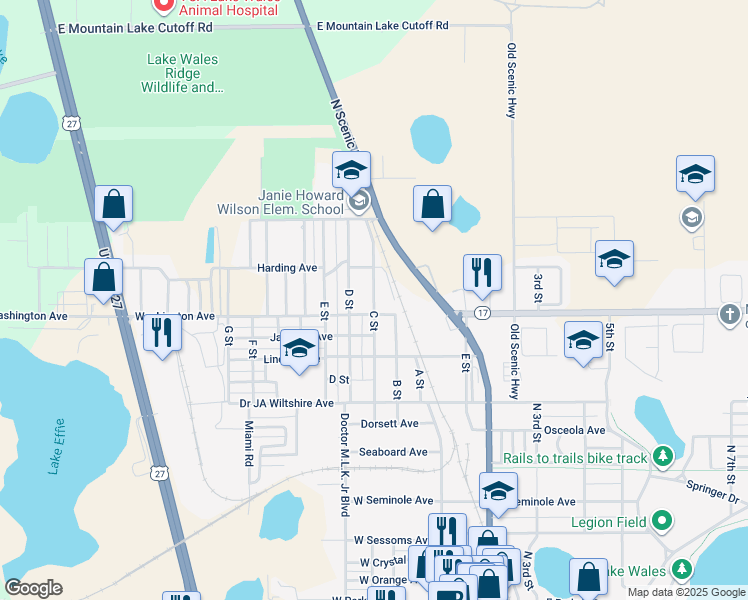 map of restaurants, bars, coffee shops, grocery stores, and more near 241 C Street in Lake Wales