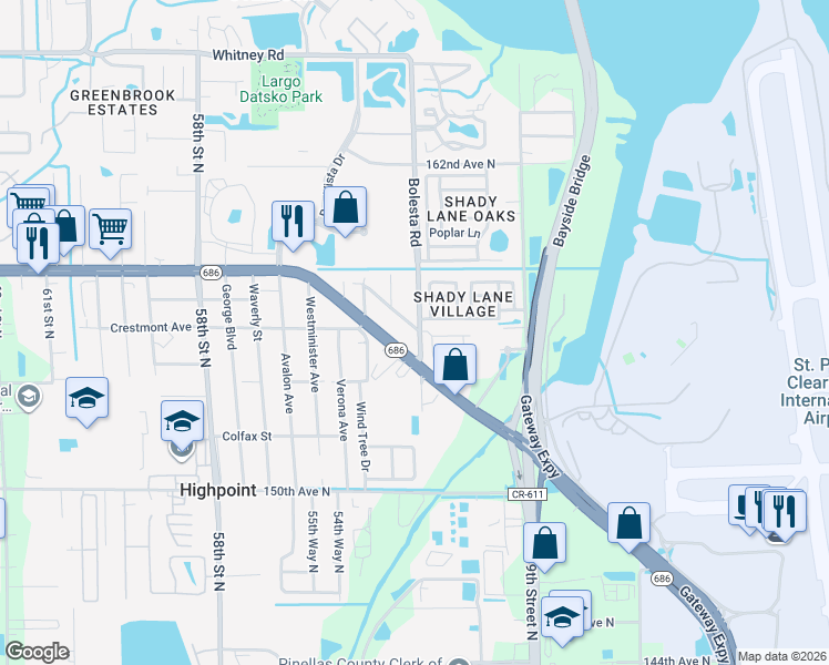 map of restaurants, bars, coffee shops, grocery stores, and more near 5250 Roosevelt Boulevard in Clearwater