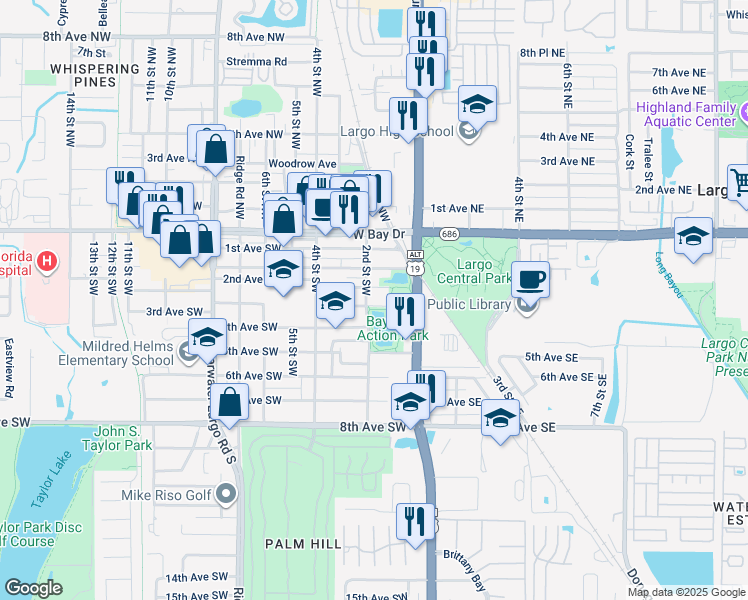 map of restaurants, bars, coffee shops, grocery stores, and more near 346-274 2nd Street Southwest in Largo