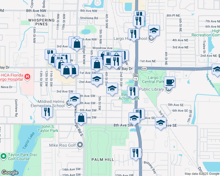 map of restaurants, bars, coffee shops, grocery stores, and more near 224 4th Avenue Southwest in Largo
