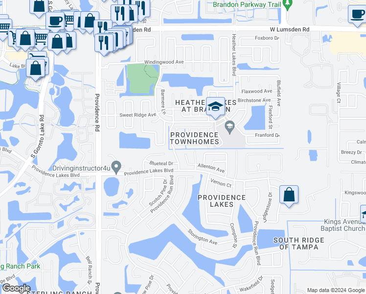 map of restaurants, bars, coffee shops, grocery stores, and more near 1620 Allentown Avenue in Brandon