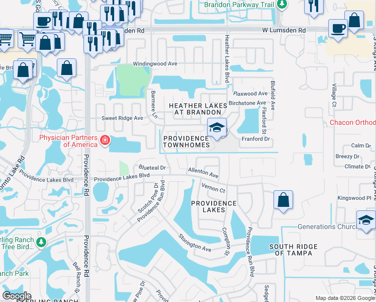 map of restaurants, bars, coffee shops, grocery stores, and more near 1457 Tiverton Drive in Brandon