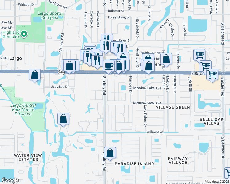 map of restaurants, bars, coffee shops, grocery stores, and more near 2505 East Bay Drive in Largo