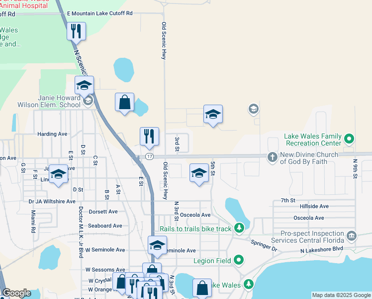 map of restaurants, bars, coffee shops, grocery stores, and more near 931 Lyon Street in Lake Wales