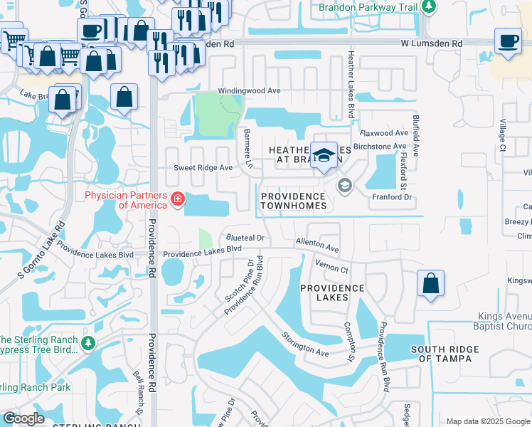 map of restaurants, bars, coffee shops, grocery stores, and more near 2003 Fluorshire Drive in Brandon