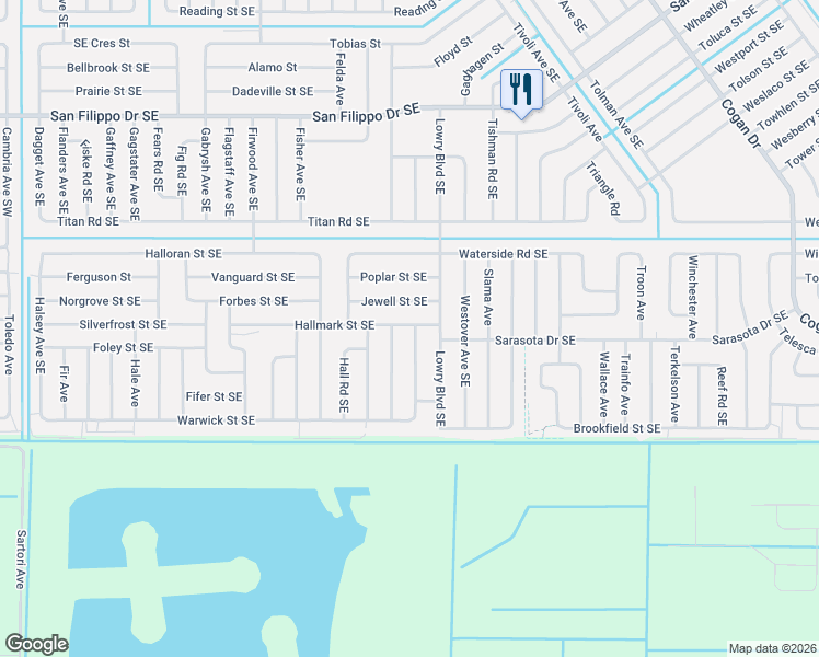 map of restaurants, bars, coffee shops, grocery stores, and more near 3212 Hainlin Avenue Southeast in Palm Bay