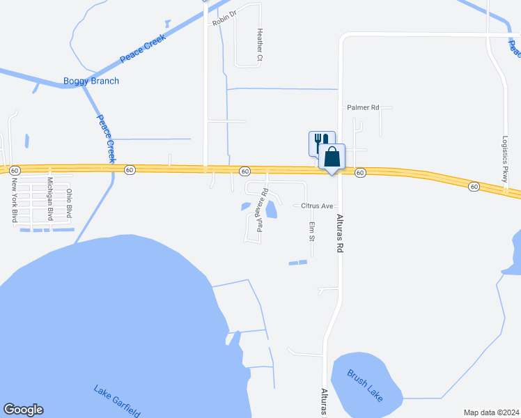 map of restaurants, bars, coffee shops, grocery stores, and more near 120 Paul Revere Road in Bartow