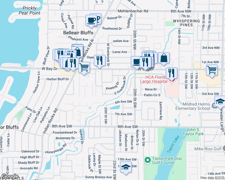map of restaurants, bars, coffee shops, grocery stores, and more near 327 East Overbrook Drive in Largo
