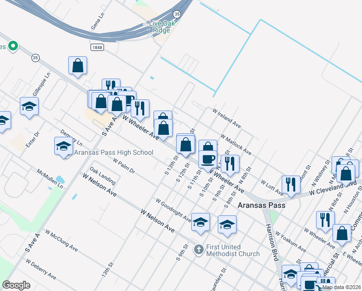 map of restaurants, bars, coffee shops, grocery stores, and more near 1401 West Wheeler Avenue in Aransas Pass