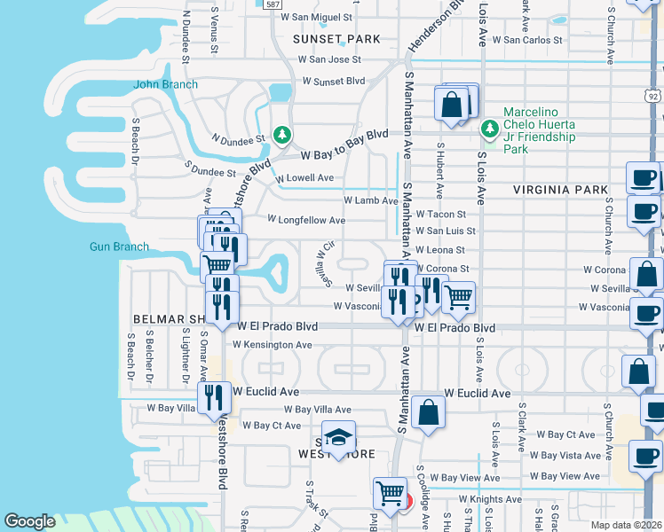 map of restaurants, bars, coffee shops, grocery stores, and more near 4503 West Sevilla Street in Tampa