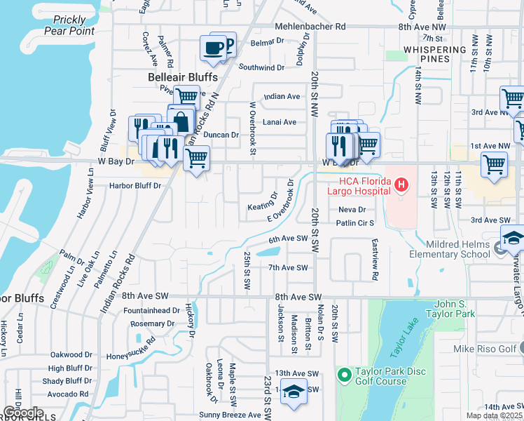 map of restaurants, bars, coffee shops, grocery stores, and more near 327 East Overbrook Drive in Largo