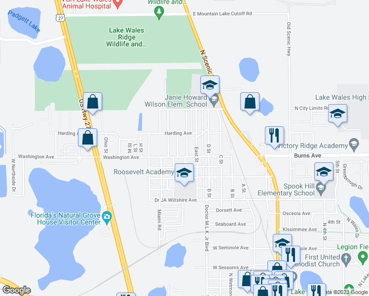 map of restaurants, bars, coffee shops, grocery stores, and more near 319 Pearl Street in Lake Wales