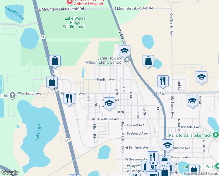 map of restaurants, bars, coffee shops, grocery stores, and more near 319 Pearl Street in Lake Wales