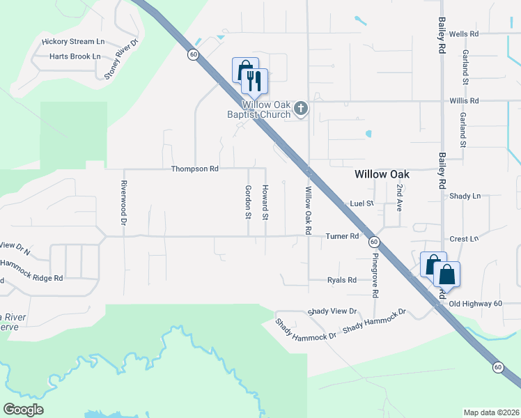 map of restaurants, bars, coffee shops, grocery stores, and more near 2575 Gordon Street in Mulberry