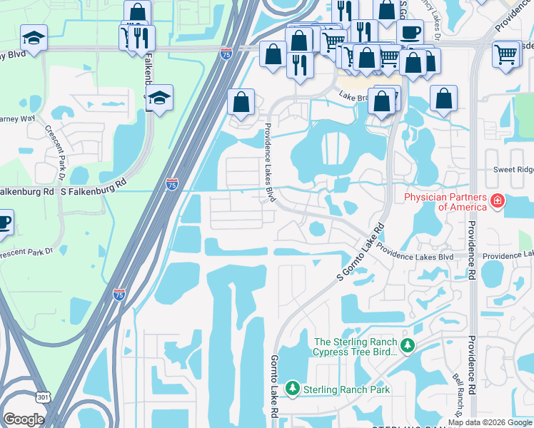 map of restaurants, bars, coffee shops, grocery stores, and more near 2647 Oleander Lakes Drive in Brandon