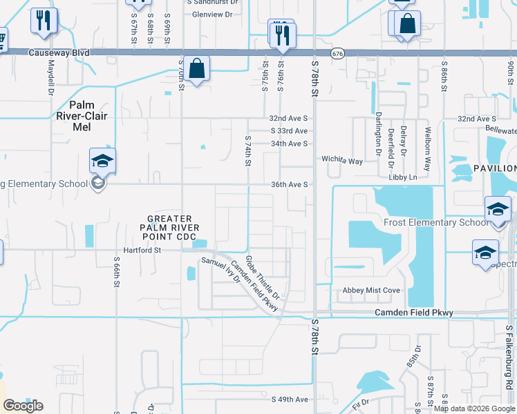 map of restaurants, bars, coffee shops, grocery stores, and more near 7402 Rosy Periwinkle Court in Tampa