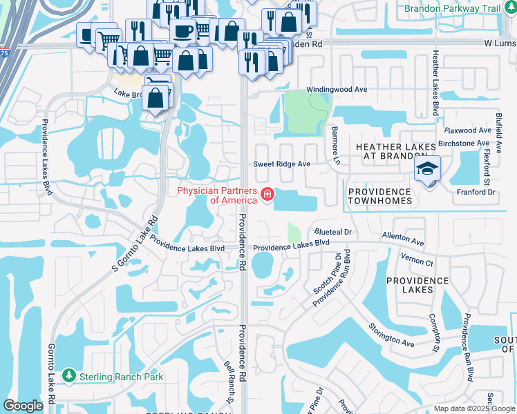 map of restaurants, bars, coffee shops, grocery stores, and more near 1301 Providence Road in Brandon