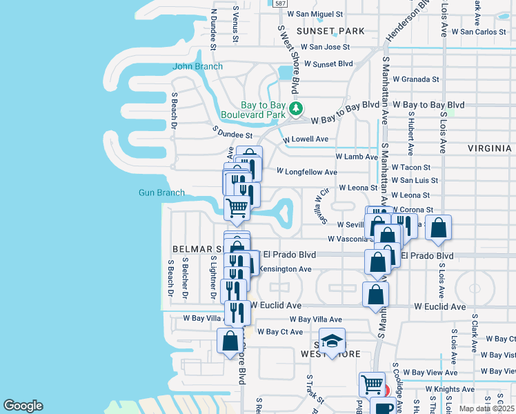 map of restaurants, bars, coffee shops, grocery stores, and more near 4713 West Cherokee Road in Tampa