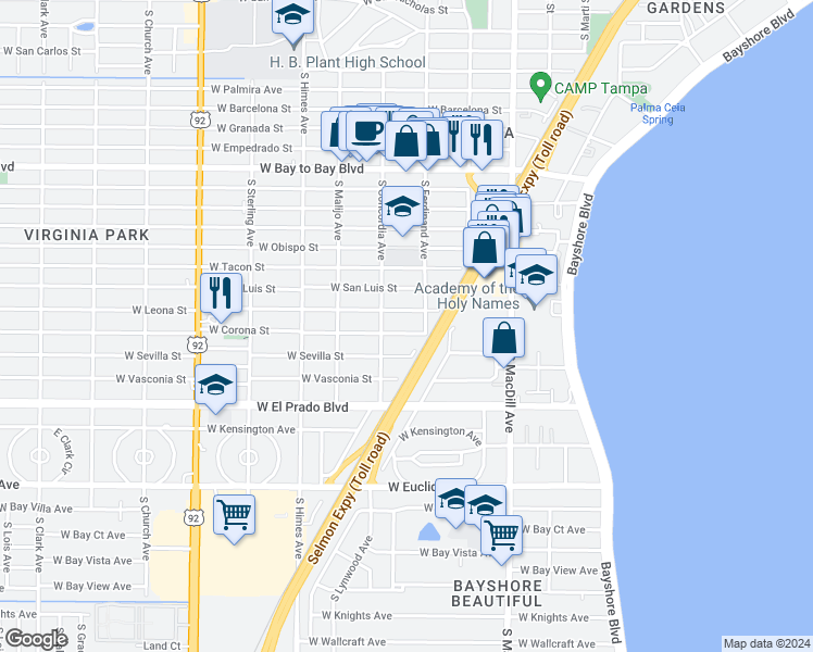 map of restaurants, bars, coffee shops, grocery stores, and more near 3307 West Corona Street in Tampa