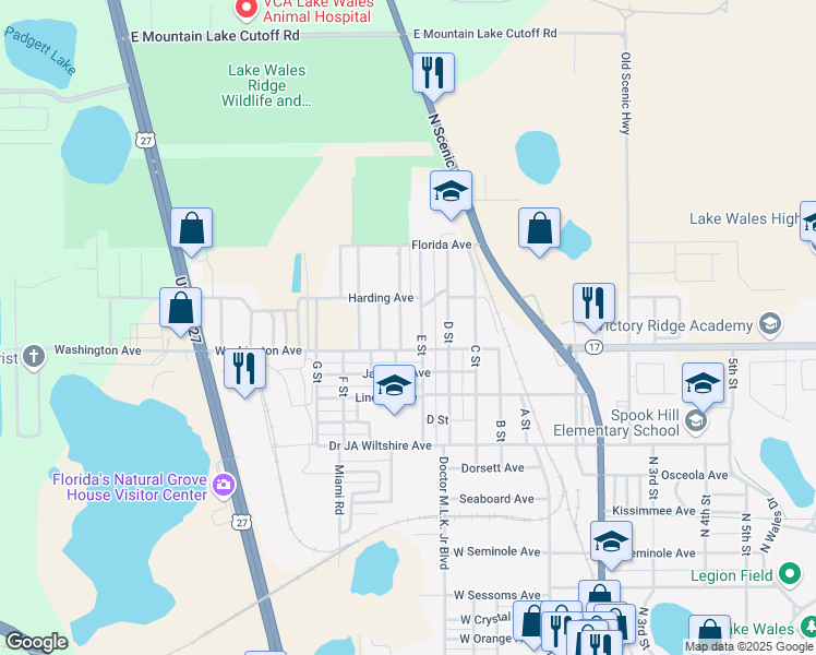 map of restaurants, bars, coffee shops, grocery stores, and more near 337 Pearl Street in Lake Wales