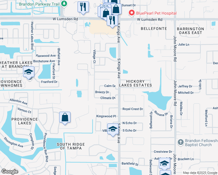 map of restaurants, bars, coffee shops, grocery stores, and more near 711 Sunlit Court in Brandon