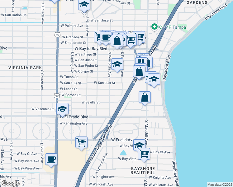 map of restaurants, bars, coffee shops, grocery stores, and more near 3317 West Leona Street in Tampa