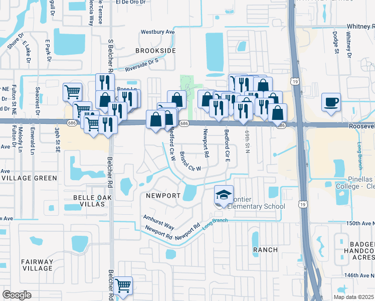 map of restaurants, bars, coffee shops, grocery stores, and more near 7255 Darien Way in Clearwater