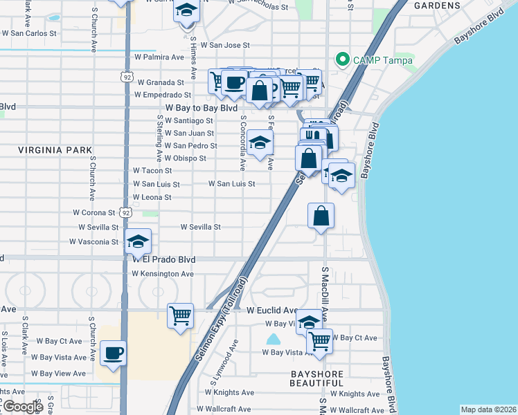 map of restaurants, bars, coffee shops, grocery stores, and more near 3317 West Leona Street in Tampa