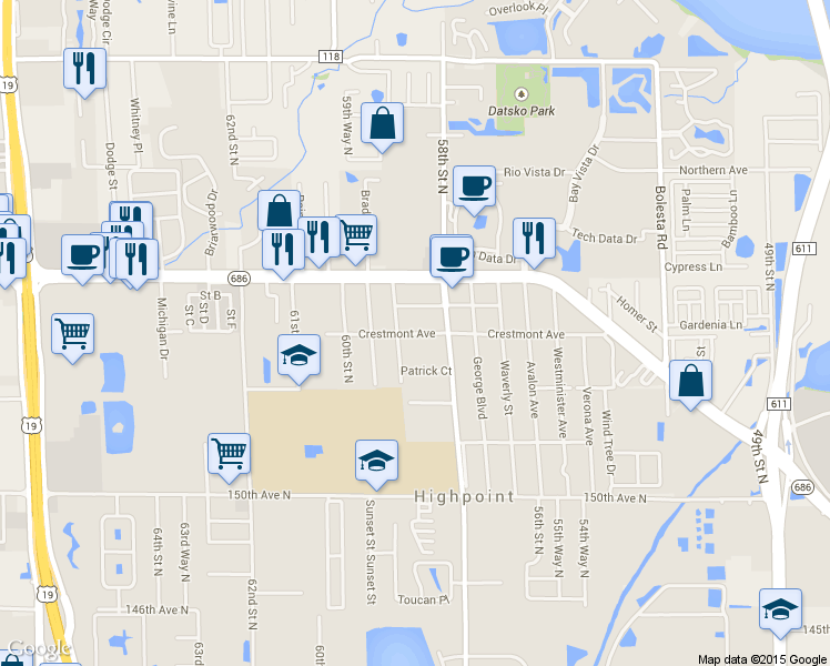 map of restaurants, bars, coffee shops, grocery stores, and more near 5840 157th Avenue North in Clearwater