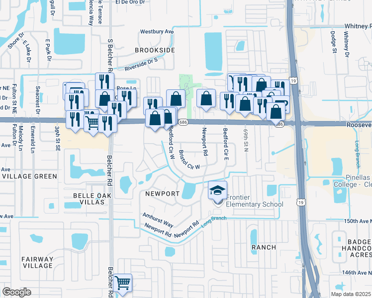 map of restaurants, bars, coffee shops, grocery stores, and more near 7255 Darien Way in Clearwater
