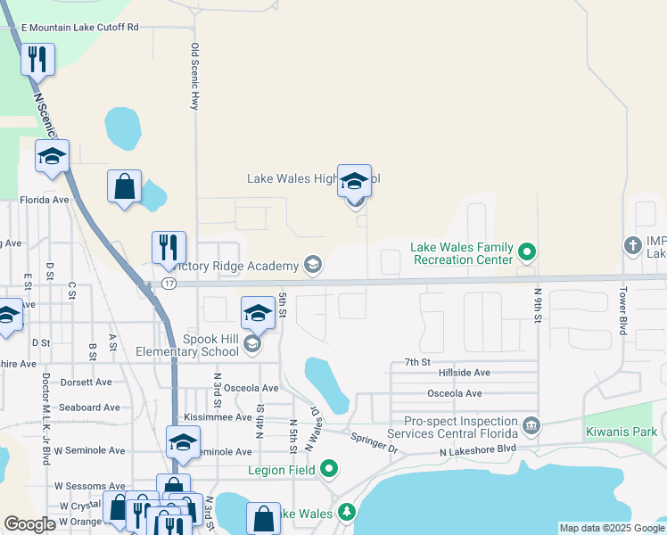 map of restaurants, bars, coffee shops, grocery stores, and more near 555 Burns Avenue in Lake Wales