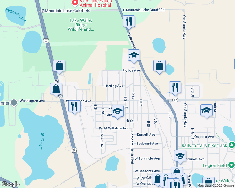 map of restaurants, bars, coffee shops, grocery stores, and more near 337 Pearl Street in Lake Wales