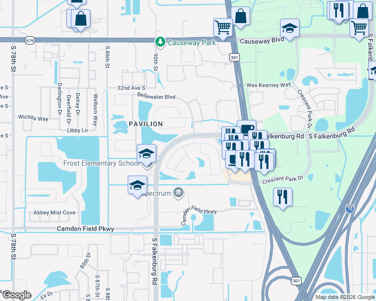 map of restaurants, bars, coffee shops, grocery stores, and more near 4004 Water Park Court in Riverview