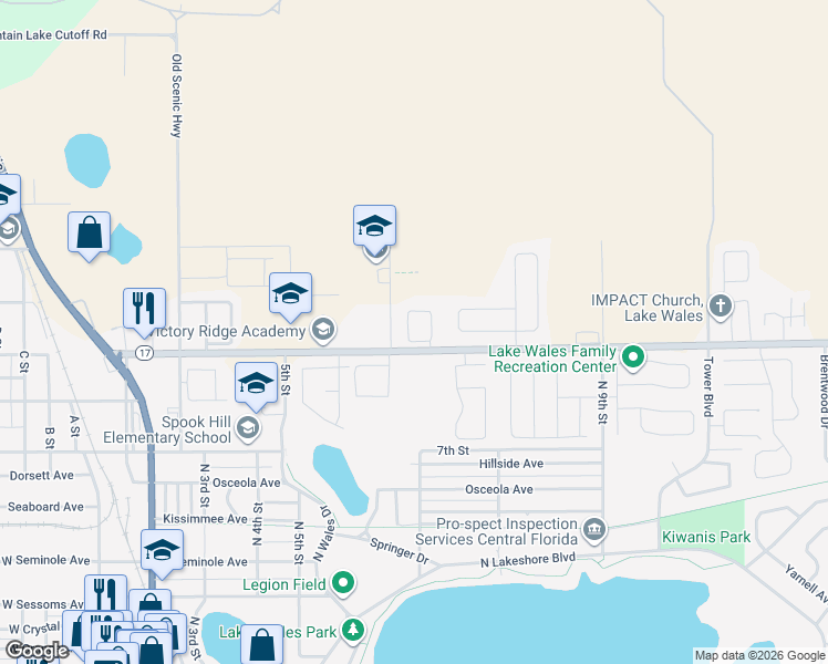 map of restaurants, bars, coffee shops, grocery stores, and more near 1121 View Pointe Circle in Lake Wales
