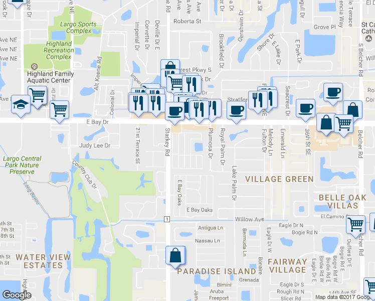 map of restaurants, bars, coffee shops, grocery stores, and more near 2505 East Bay Drive in Largo