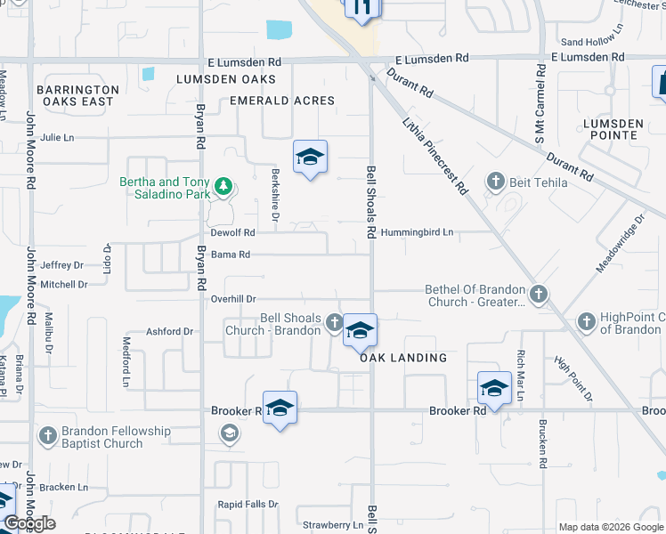 map of restaurants, bars, coffee shops, grocery stores, and more near 906 Bama Road in Brandon