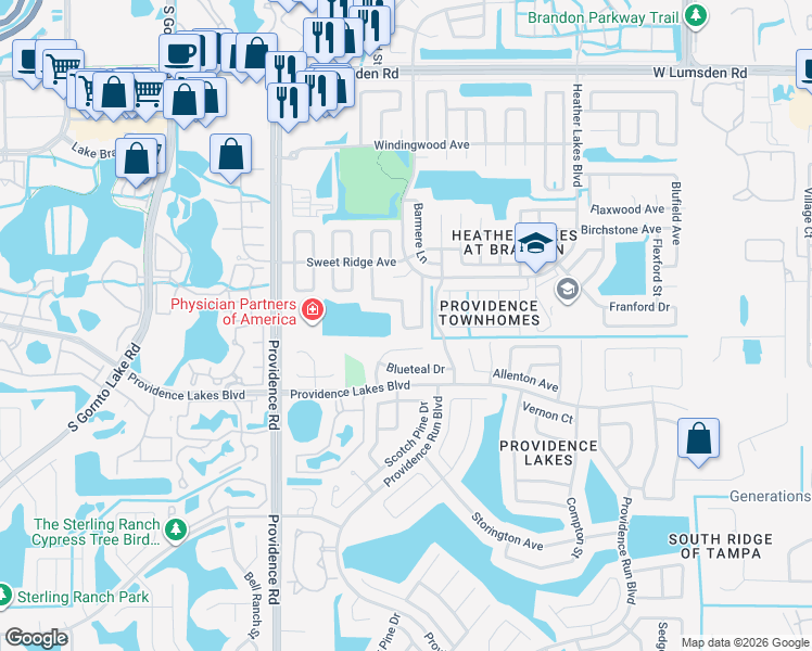 map of restaurants, bars, coffee shops, grocery stores, and more near 1333 Mohrlake Drive in Brandon