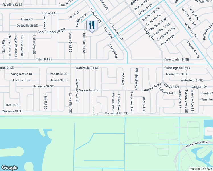 map of restaurants, bars, coffee shops, grocery stores, and more near 3157 Santa Cruz Avenue Southeast in Palm Bay
