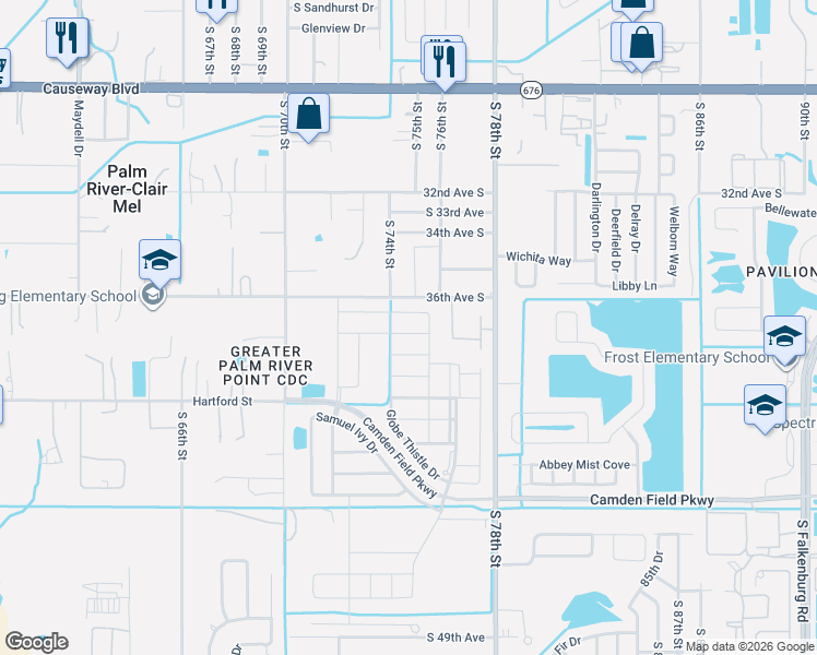 map of restaurants, bars, coffee shops, grocery stores, and more near 3708 Cat Mint Street in Tampa