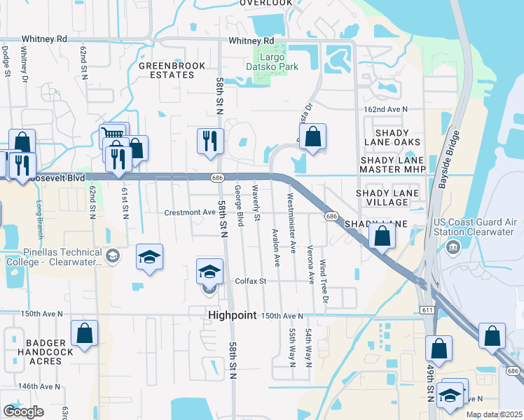 map of restaurants, bars, coffee shops, grocery stores, and more near 15651 Waverly Street in Clearwater