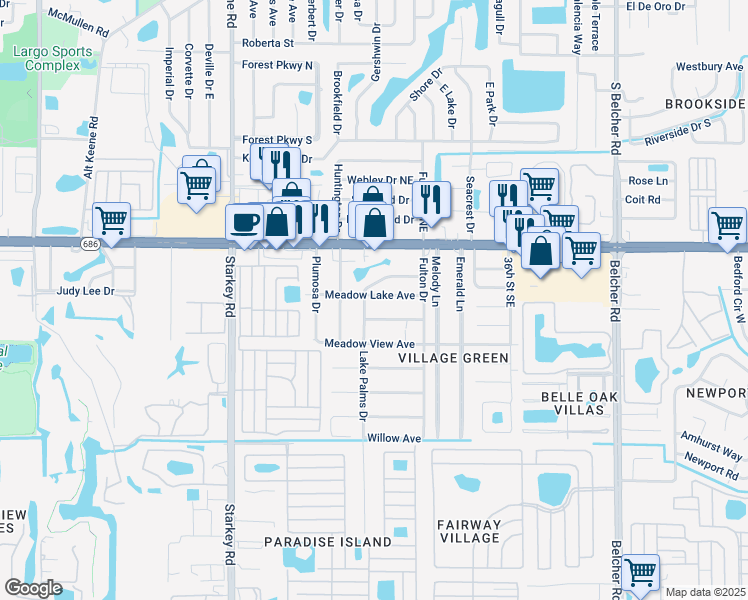 map of restaurants, bars, coffee shops, grocery stores, and more near 120 Lake Avenue Southeast in Largo