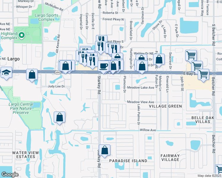 map of restaurants, bars, coffee shops, grocery stores, and more near 2505 East Bay Drive in Largo