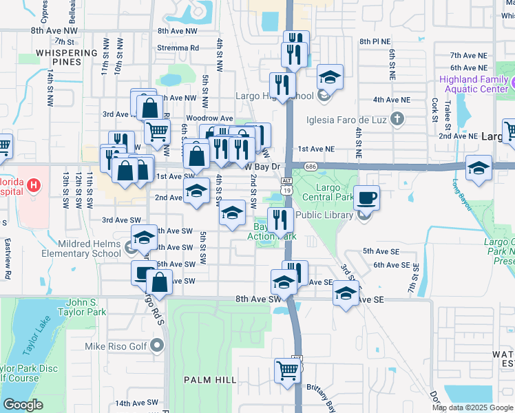 map of restaurants, bars, coffee shops, grocery stores, and more near 117 Cleveland Avenue Southwest in Largo