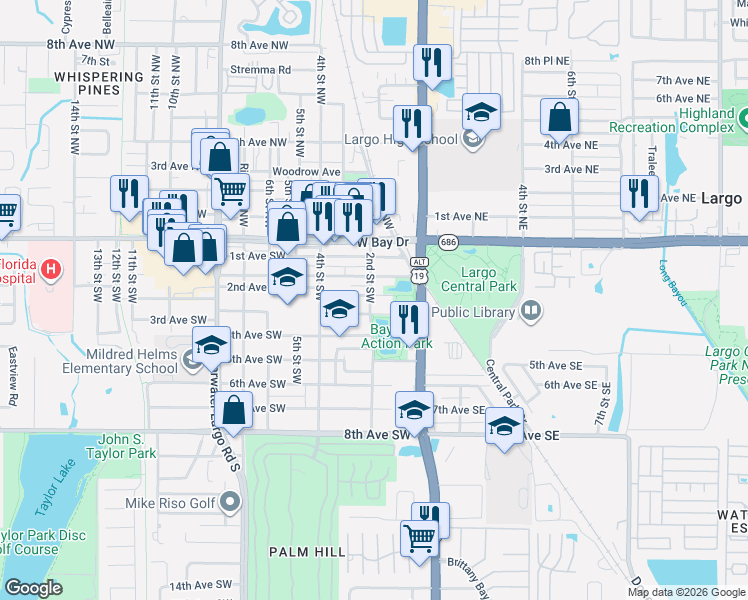 map of restaurants, bars, coffee shops, grocery stores, and more near 117 Cleveland Avenue Southwest in Largo